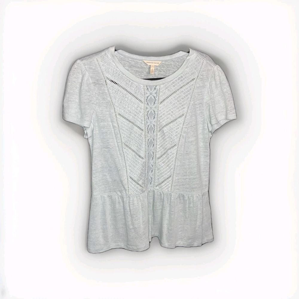Rebecca‎ Taylor Shirt Top Short Sleeve Lt Blue Grey Large Linen Lace Ruffles